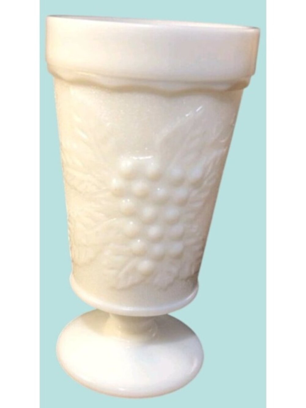 Vintage Milk Glass Pedestal Goblet With Grape Leaf Design 6.75" Tall 3" Diameter